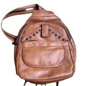 Sam & Hadley Mini Backpack Crossbody Purse Bag Brown Faux Leather Stud Detail
